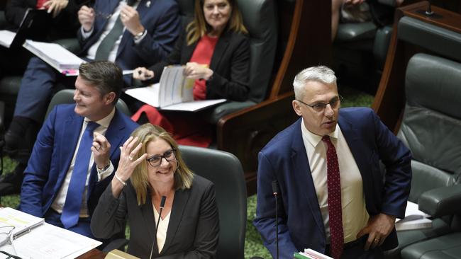 Deputy Premier Ben Carroll, Premier Jacinta Allan and WorkSafe Minister Danny Pearson in Victorian parliament. Picture: NCA NewsWire / Andrew Henshaw