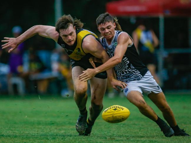 Nightcliff Tigers and Palmerston Magpies fought it out at Nightcliff Oval. Picture: Glenn Campbell