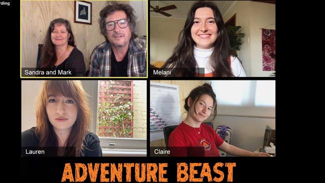 The Gravas family working remotely. Top left: Sandra Walters and Mark Gravas. Top right: Melani, Lauren, bottom left and Claire, bottom right. They worked remotely on the Netflix series Adventure Beast.