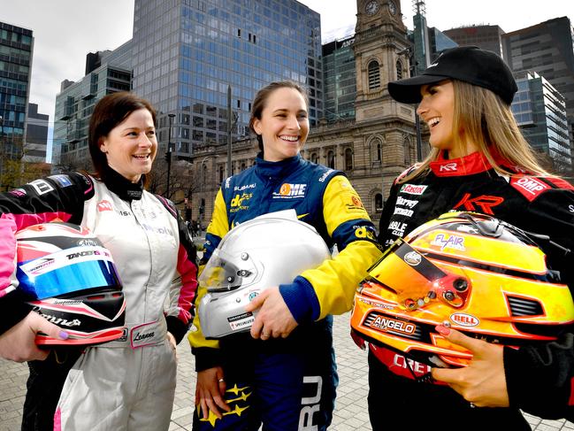 Motorsport drivers Leanne Tander, Molly Taylor and Chelsea Angelo pictured at Victoria Square, Adelaide on Wednesday 10 July, 2019. They will be racing in the new TCR motorsport category when it has its first SA race at Tailem Bend this weekend. (AAP Image/Sam Wundke)