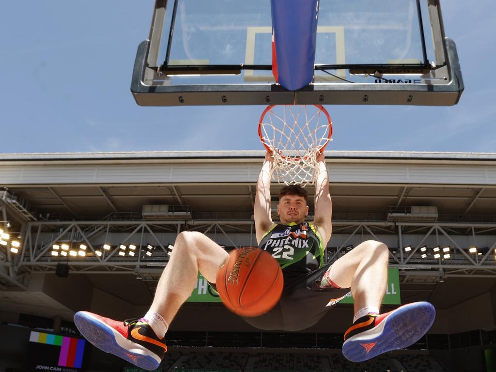 Matt Hurt dunks at John Cain Arena with the roof open in a test run ahead of Saturday night’s open-air clash with Adelaide. Picture: Getty Images