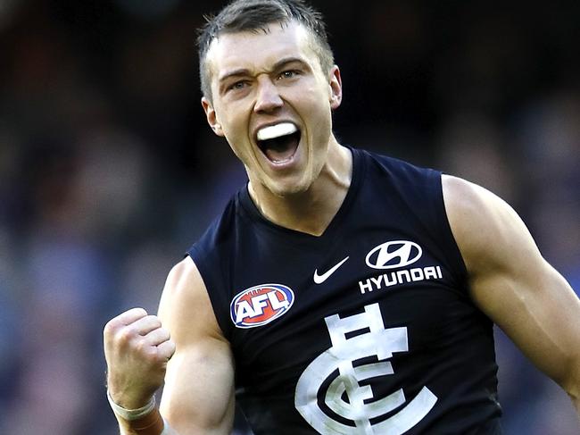 MELBOURNE, AUSTRALIA - JUNE 08: Patrick Cripps of the Blues celebrates a goal during the 2019 AFL round 12 match between the Carlton Blues and the Brisbane Lions at Marvel Stadium on June 08, 2019 in Melbourne, Australia. (Photo by Dylan Burns/AFL Photos)