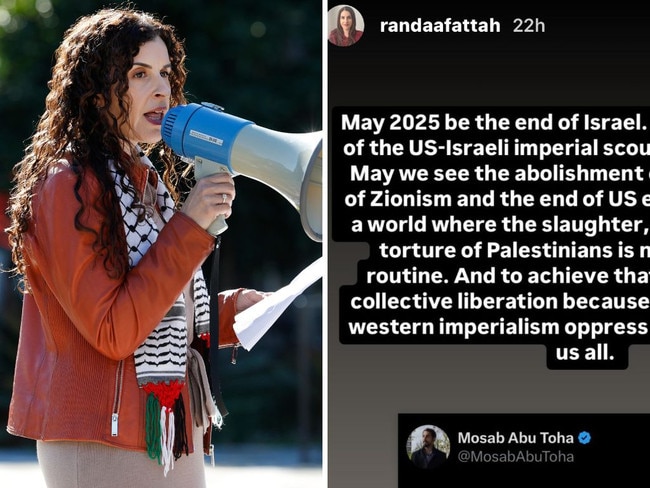 Randa Abdel-Fattah, pictured earlier this year, and a post to social media where she wishes for the 'end of Israel'.