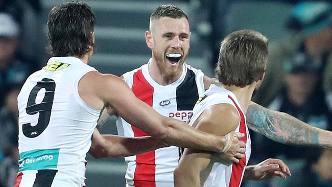 AFL - Saturday, 25th July, 2020 - Port Adelaide v St Kilda at Adelaide Oval. St Kilda's Tim Membrey celebrates another goal - Xavier Duursma walks away Picture: Sarah Reed