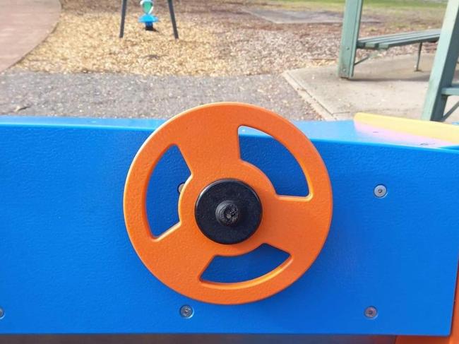 Vandals have booby-trapped the play equipment at Sherry Court in Wynn Vale, by trying to attach a metal fork to the steering wheel of the kids’ play-car by melting it on. Picture: Supplied