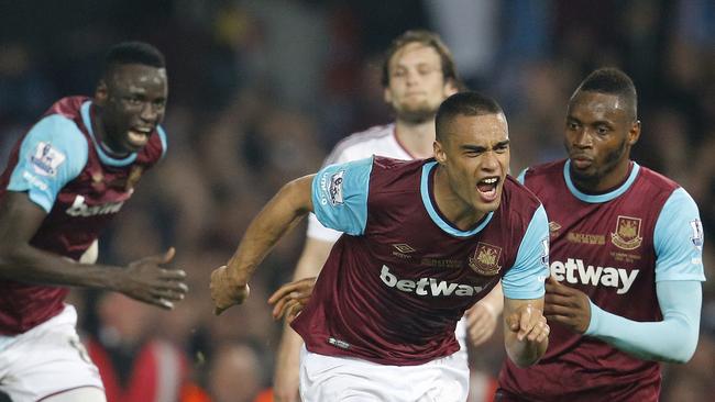 West Ham's Winston Reid celebrates after scoring against Manchester United.