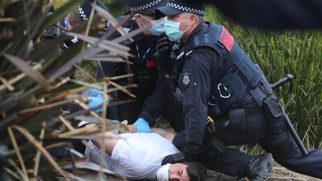 Arrests are made in South Melbourne where the protest finished. Picture: Alex Coppel.