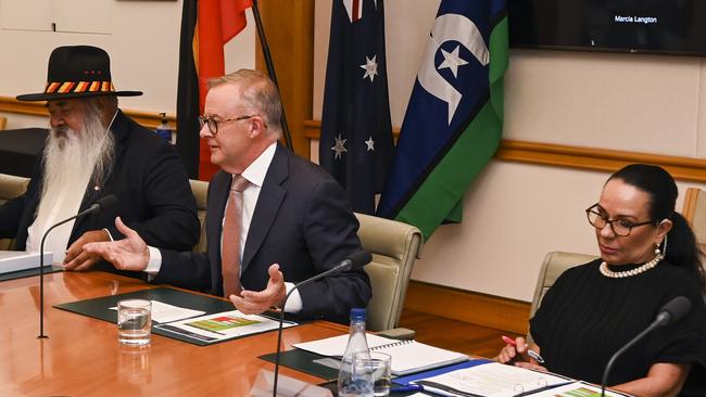 Senator Patrick Dodson, left, Anthony Albanese and Indigenous Australians Minister Linda Burney at a Referendum Working Group meeting in Canberra. Picture: NCA NewsWire / Martin Ollman