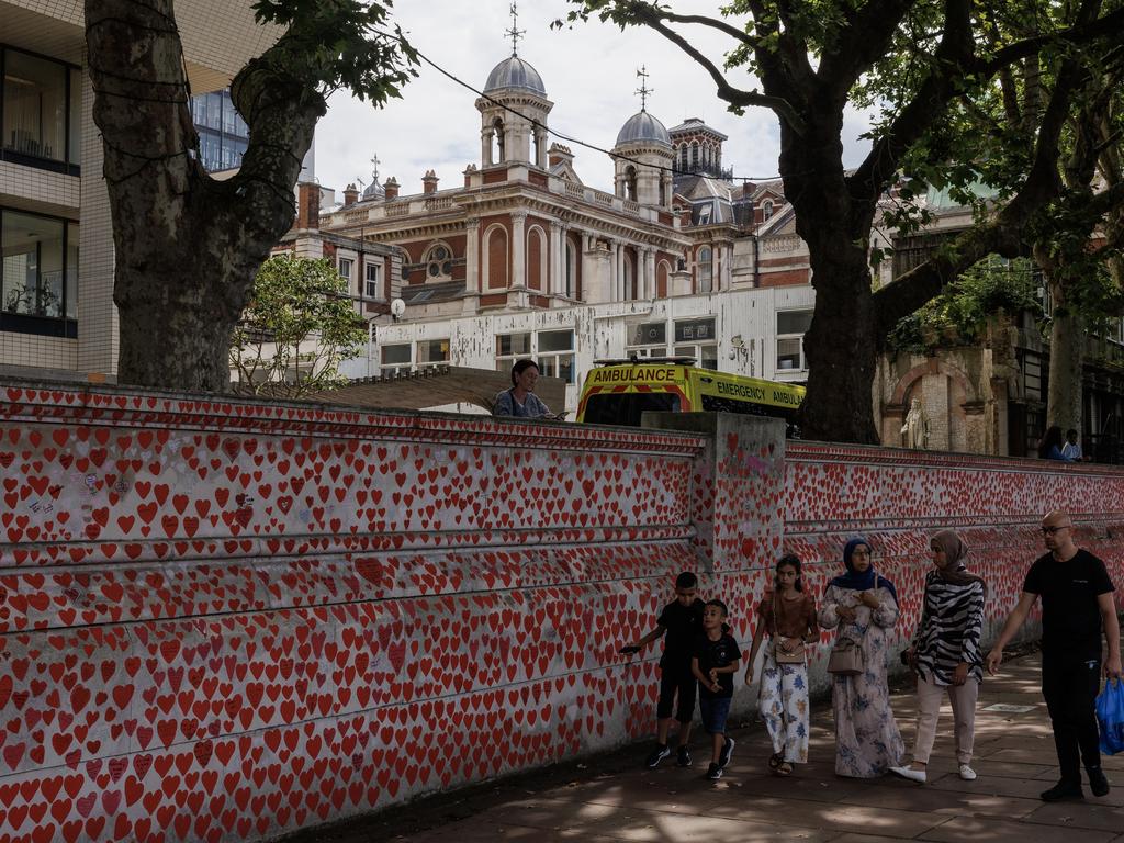 Covid Memorial wall opposite the Houses of Parliament in London, England. Picture: Dan Kitwood/Getty Images