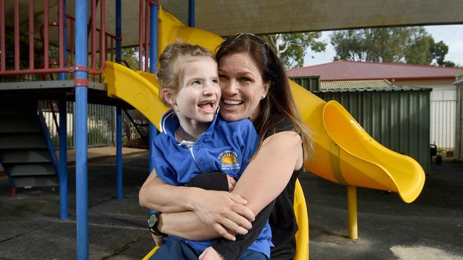 Merissa Moyle and her daughter Taylah are looking forward to the new Hendrie St playground. Pictured here at Suneden Special School's playground. Picture: Sam Wundke