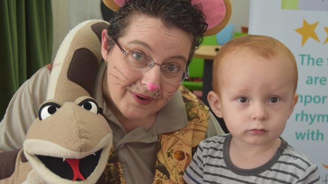 Puppeteer Roslyn Campbell brought the story 'The Gruffalo' to life for Cannonvale's Hunter Manners, 1, at a story time at the Cannonvale library, which will soon be relocated to Galbraith Park.