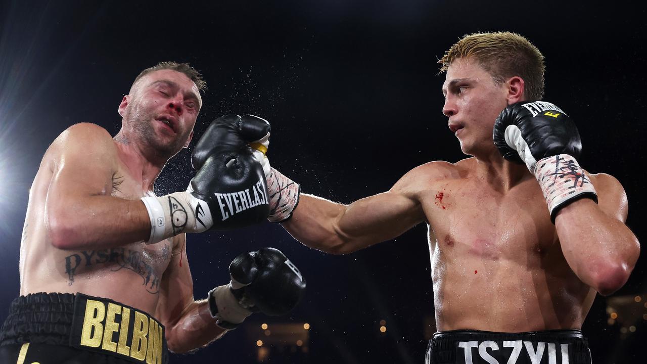 SYDNEY, AUSTRALIA - MARCH 12: Bo Belbin (l) is punched by Nikita Tszyu (r) during the super welterweight bout between Nikita Tszyu and Bo Belbin before the WBO super-welterweight world title fight between Tim Tszyu and Tony Harrison at Qudos Bank Arena on March 12, 2023 in Sydney, Australia. (Photo by Mark Kolbe/Getty Images)