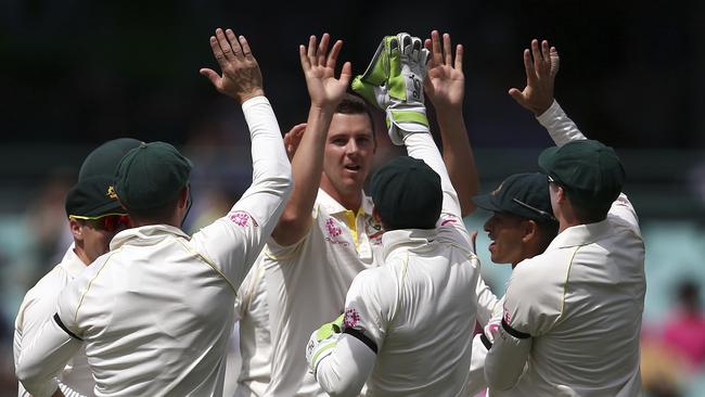 Australia's Josh Hazlewood, center, celebrates with teammates after taking the wicket of India's K.L. Rahul during their cricket test match in Sydney, Thursday, Jan. 3, 2019. (AP Photo/Rick Rycroft)