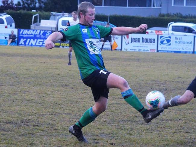 Hayden McMahon makes a challenge during the Maclean Bobcats Football Far North Coast opener against Richmond Rovers on Saturday, July 25, 2020.