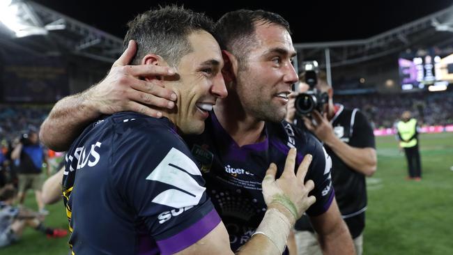 Billy Slater and Cameron Smith after the 2017 grand final winPicture. Brett Costello