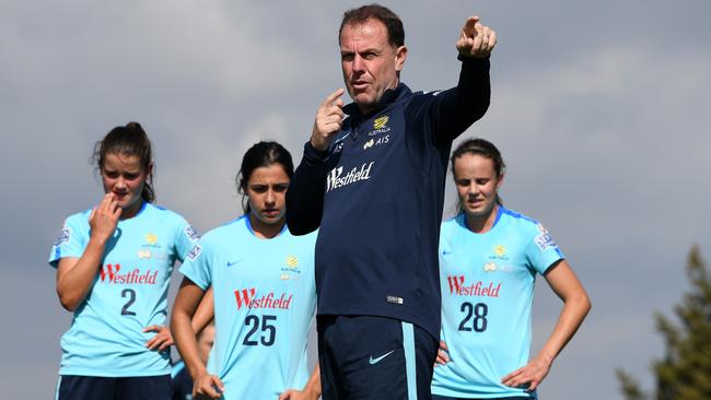 Matildas coach Alen Stajcic directs players during training.