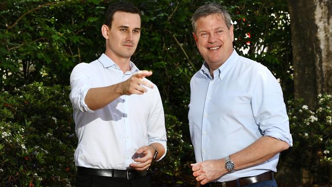 Opposition leader Tim Nicholls with Bonney LNP candidate Sam O'Connor at Southport — this will be the hardest fight for the LNP. Picture Glenn Hampson.