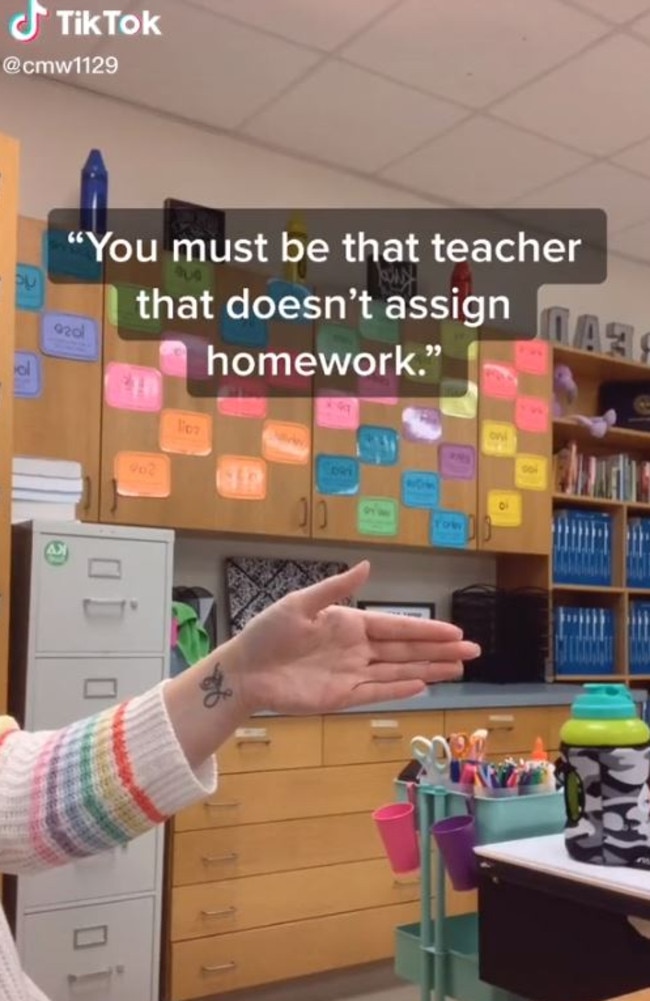 Courtney White, of the US, went viral after sharing this video about her homework philosophy. Picture: TikTokcmw1129