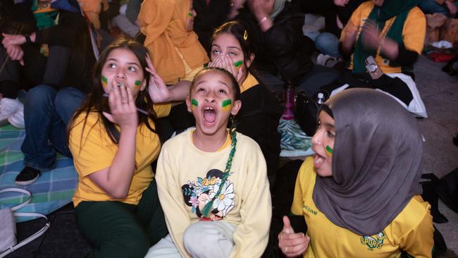 Fans watch on intensely during the World Cup semi-final at Tumbalong Park on Wednesday night. Picture: NCA NewsWire/ Brendan Read