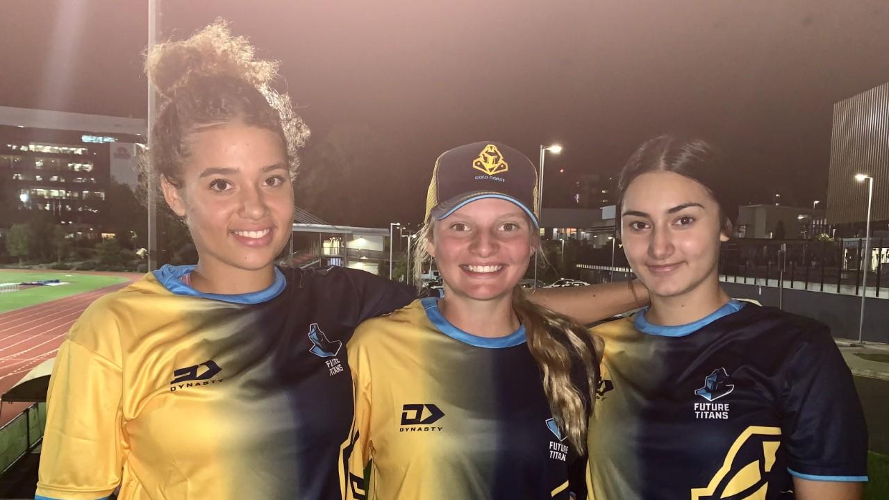 Stretton State College girls' Leilani Tuqiri, left, Bailee Williams and Harmony Betham andare all Titans academy players.