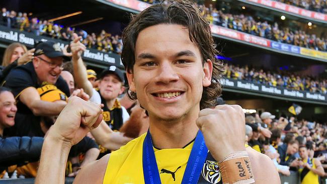 Daniel Rioli couldn’t stop smiling after the AFL Grand Final. Picture: Mark Stewart