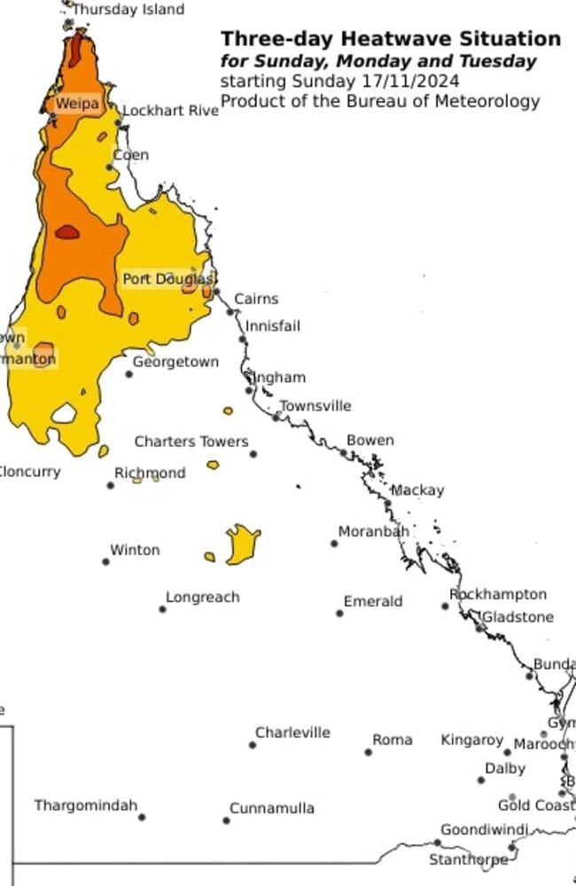 Heatwave warnings remain in effect for Peninsula and Gulf Country Districts. Picture: BOM