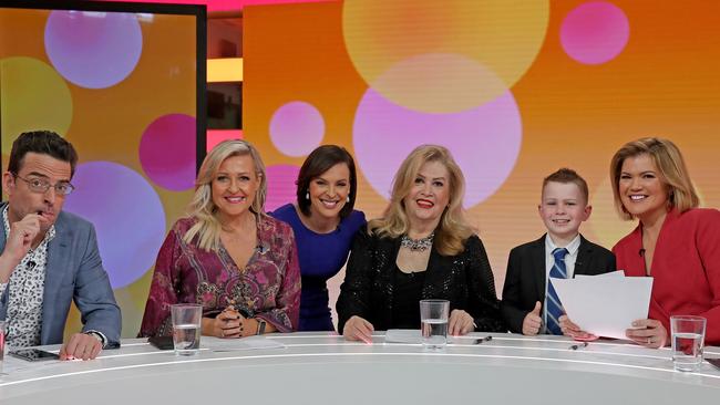 Ollie Bailey-O'Rielly helps launch the Australia's Best Kids News Reader competition alongside Joe Hildebrand, Angela Bishop, Natarsha Belling, Carlotta and Sarah Harris. Picture: Toby Zerna