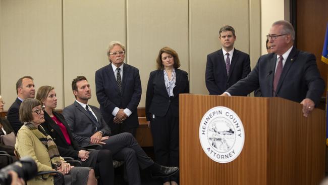 Hennepin County Attorney Mike Freeman speaks as family of Justine Ruszczyk and others watch, during a press conference after a guilty verdict was reached in the police shooting of Justine Ruszczyk Damond by former officer Mohamed Noor on April 30, 2019. Picture: Chris Juhn for News Corp Australia