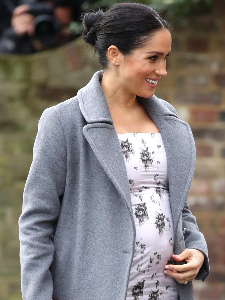 Meghan’s growing bump ramped up theories that the Duchess’ baby is due earlier than April. Picture: Getty Images