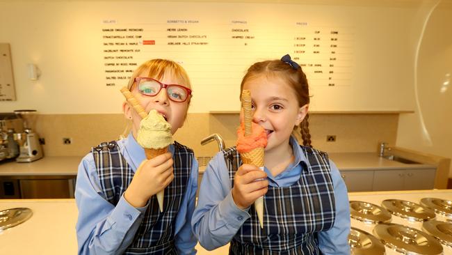 Rebecca Felcher and Harper North enjoying a gelato at Bottega Gelateria in Glenelg. Picture: Kelly Barnes