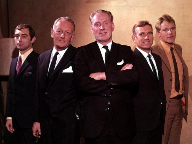 The Homicide cast in the late 1960s: (from left) Lionel Long, Alwyn Kurts, Jack Fegan, Leonard Teale and George Mallaby. Picture: HWT Library