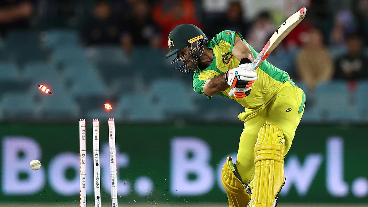 Glenn Maxwell was bowled with Australia in sight of victory against India in Canberra. Picture: Ryan Pierse/Getty Images