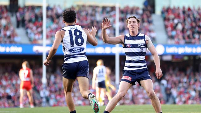 Tyson Stengle celebrates an early strike against the Swans in Round 13. Picture: Brendon Thorne/AFL Photos/via Getty Images)