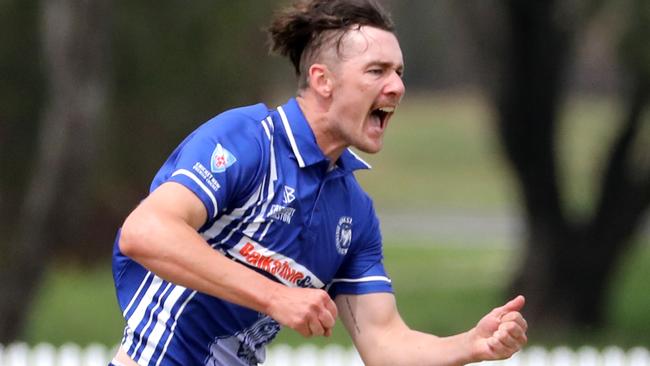 Birthday boy Liam Marshall celebrating a wicket at Raby Oval. Picture: Jeremy Ng
