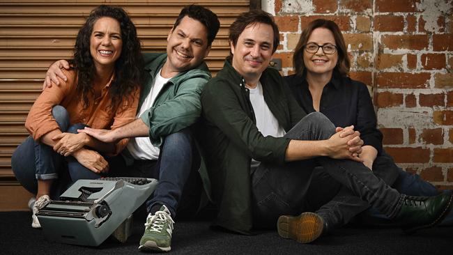 From left, actors Michala Banas and Jason Klarwein with Trent Dalton and wife Fiona Franzmann – and the ­Olivetti Dalton used to write Love Stories. Picture: Lyndon Mechielsen