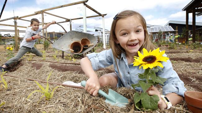 Ryder, 5, and Maddy, 7, are quite at home at Burwood Brickworks’ rooftop farm. Picture: David Caird