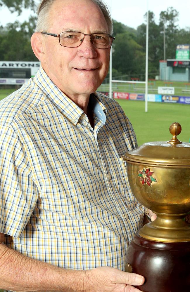 Des Morris with the Wynnum Manly Seagulls 1982 premiership cup. Picture: Richard Walker