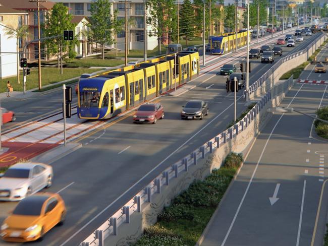 Updated artist impression of Gold Coast Light Rail Stage 3 between Broadbeach and Burleigh Heads. Picture: Supplied