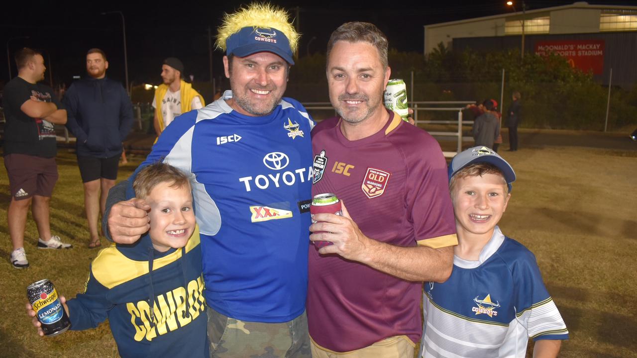 (From left) Tyler Tebble, Jimmy Tebble, Travis Vail, and James Tebble at the Sydney Roosters v Parramatta Eels game at BB Print Stadium in Mackay, July 29, 2021. Picture: Matthew Forrest