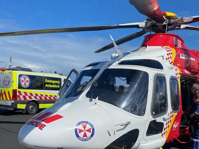 Westpac Rescue Helicopter at Coffs Harbour Airport where they met NSW Ambulance to fly a man in his 20s to the Gold Coast University Hospital on Wednesday.