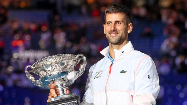 MELBOURNE . 29/01/2023.  TENNIS.  Australian Open at Melbourne Park.  Stefano Tsitsipas vs Novak Djokovic on Rod Laver Arena. Novak Djokovic wins the Australian open . Pic: Michael Klein