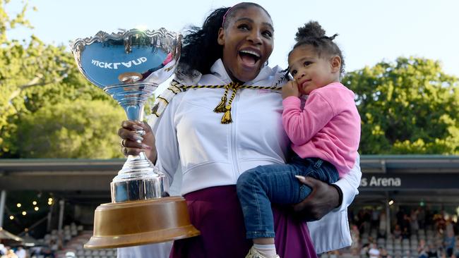 Serena Williams celebrates with daughter Alexis Olympia after winning the Auckland Open on Sunday. Picture: Getty Images