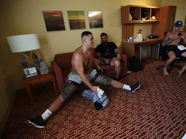 A day in the life of heavyweight UFC fighter Tai Tuivasa before he fights in UFC 225 on the weekend in Chicago, USA. Tai pictured showing his training mates how can 