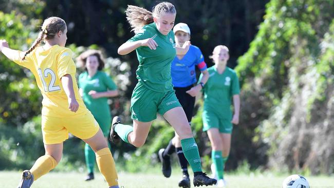 Football Queensland Community Cup carnival, Maroochydore. U13-14 girls, Sunshine Coast V Darling Downs. Picture: Patrick Woods.