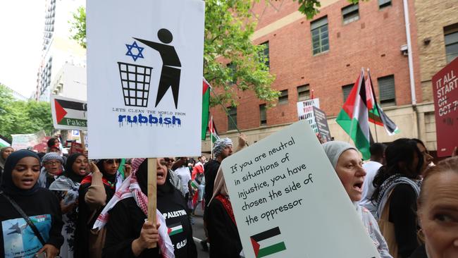 Anti-Semitic signs at a pro-Palestine rally in Melbourne in November last year. Picture: NCA NewsWire /Brendan Beckett