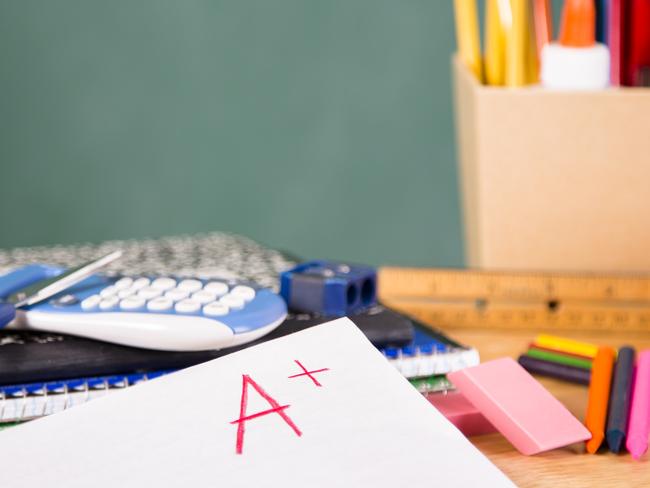 It's back to school time! A pile of school supplies on top of school desk with chalkboard in background. A blank test paper with A+ written on top. Elementary school supplies include: notebooks, pencils, pens, crayons, erasers, scissors, and more. The blank blackboard in the background makes perfect copyspace! Education themes.