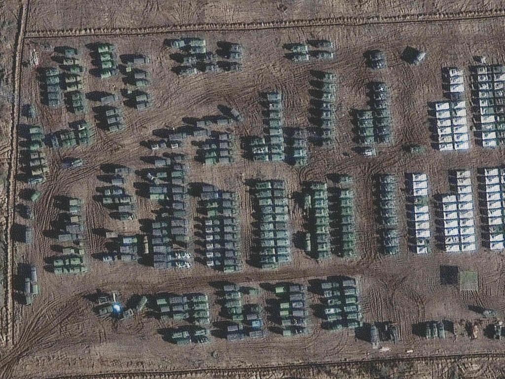 Satellite image taken on November 1, 2021 shows a large ground forces deployment on the northern edge of the town of Yelnya, Smolensk Oblast, Russia. Picture: Maxar Technologies/AFP