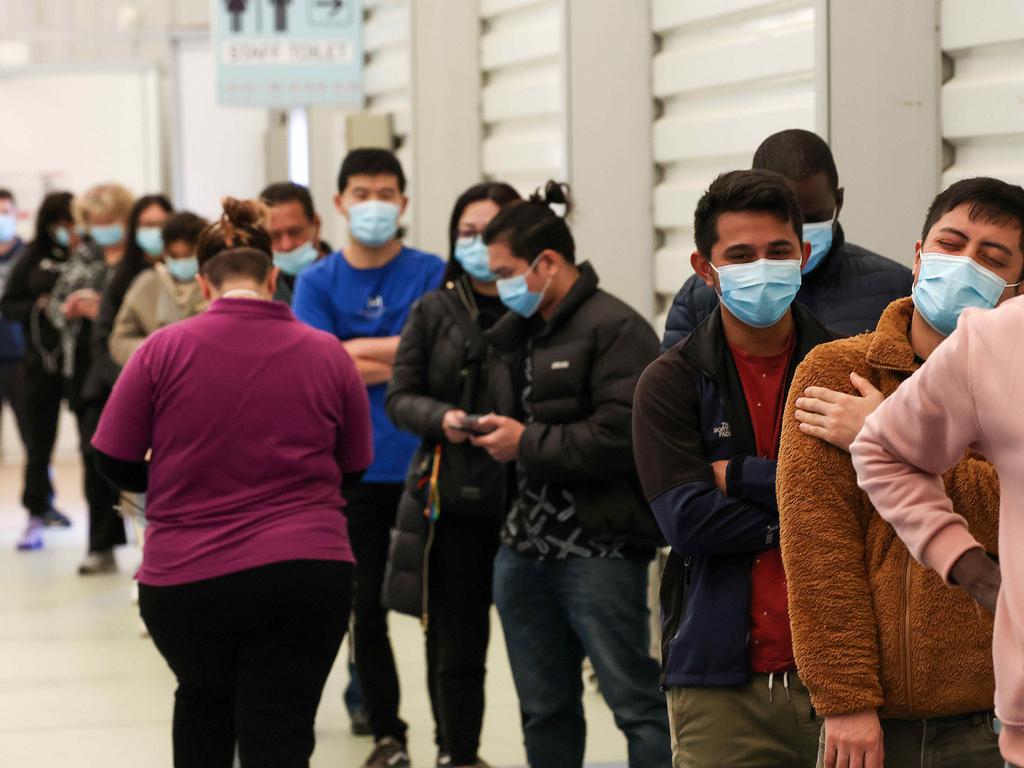 Aged care and disability care workers line up for their vaccine at the Melbourne Showgrounds. Picture: NCA NewsWire/Ian Currie