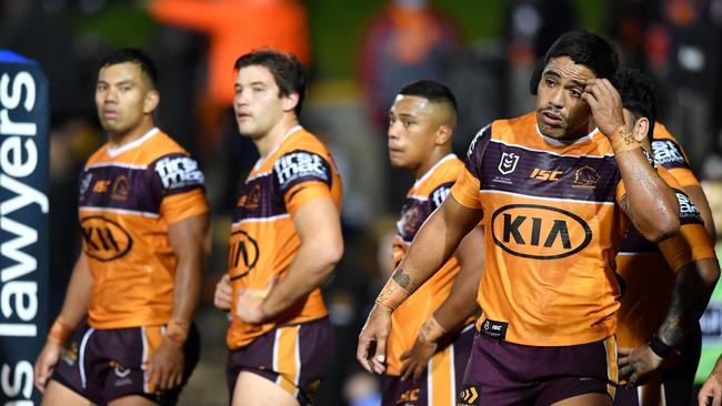 Dejected Broncos players at Leichhardt Oval last Friday night. Picture: NRL Photos