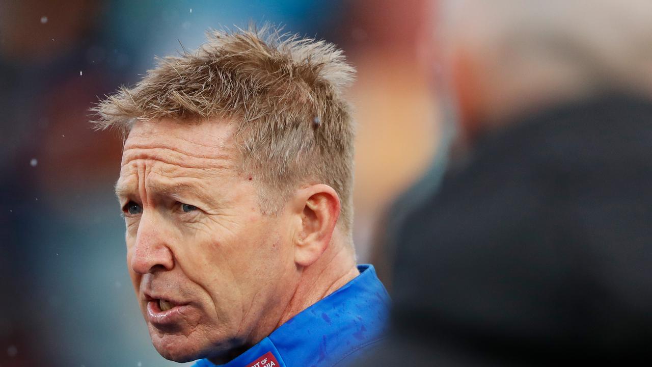 HOBART, AUSTRALIA - JUNE 26: David Noble, Senior Coach of the Kangaroos addresses his players during the 2022 AFL Round 15 match between the North Melbourne Kangaroos and the Adelaide Crows at Blundstone Arena on June 26, 2022 in Hobart, Australia. (Photo by Dylan Burns/AFL Photos via Getty Images)